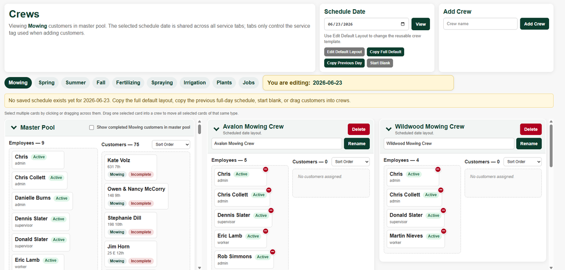 Deep Root Software crew scheduling screenshot